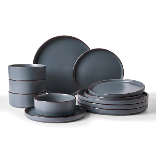 Famiware Nebula Ridge 12-Piece Stoneware Dinnerware Set, Charcoal | Plates and Bowls for 4, Warm Hand-Painted Rims, Microwave and Dishwasher Safe, Daily Essentials - color: Charcoal, size: Service for 4 (Standard Dinner Set)