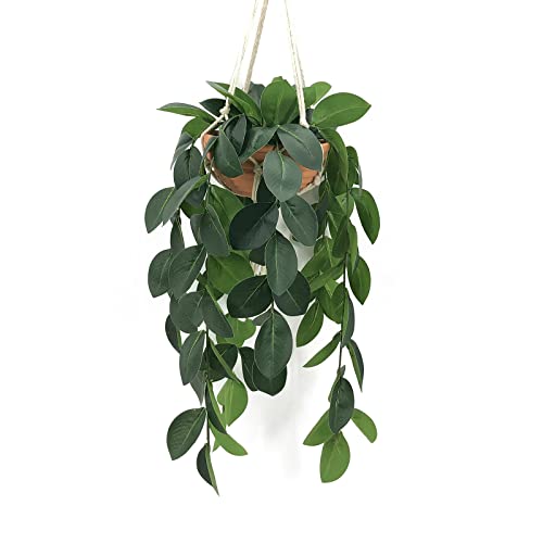 Hanging Plants Artificial Decor, Fake Hanging Plant in Clay Pot Artificial Hanging Plants with Fake Leaves and Hook for Wall Home Room Indoor Outdoor Décor (Dark Green)