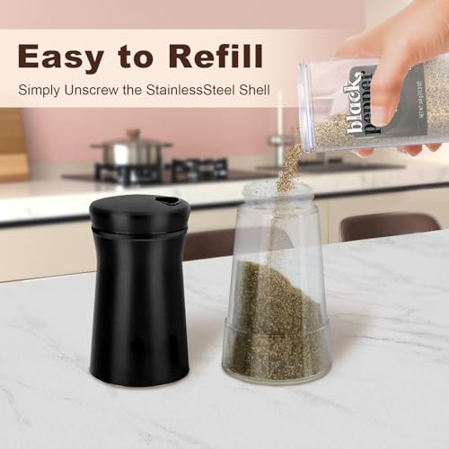 Black Salt and Pepper Shakers with Adjustable Pour Holes, Farmhouse Glass Salt Shaker with Stainless Steel Lids, Refillable Shaker by Aelga, Ideal for Himalayan, Kosher and Black Pepper - color: Black