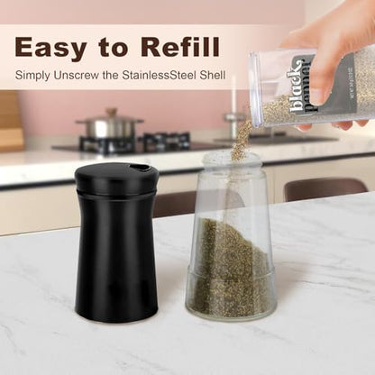 Black Salt and Pepper Shakers with Adjustable Pour Holes, Farmhouse Glass Salt Shaker with Stainless Steel Lids, Refillable Shaker by Aelga, Ideal for Himalayan, Kosher and Black Pepper - color: Black