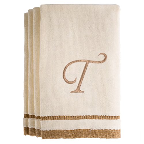 Monogrammed Gifts, Fingertip Towels, 11 x 18 Inches - Set of 4- Decorative Golden Brown Embroidered Towel - Extra Absorbent 100% Cotton- Personalized Gift- For Bathroom/ Kitchen- Initial T (Ivory) - color: T