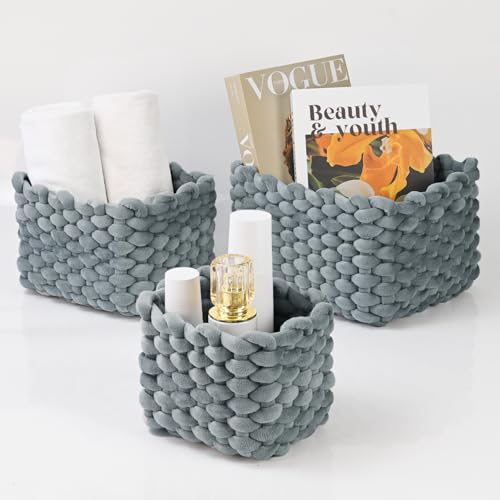 hand-knitted velvet rope storage basket set of 3 - soft cotton rope desktop cosmetics organizer box - nesting multi-functional storage basket (Light gray) - color: Light Gray