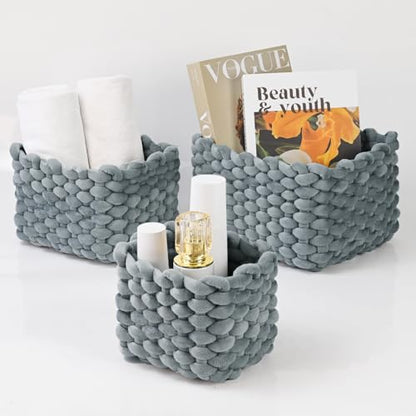 hand-knitted velvet rope storage basket set of 3 - soft cotton rope desktop cosmetics organizer box - nesting multi-functional storage basket (Light gray) - color: Light Gray