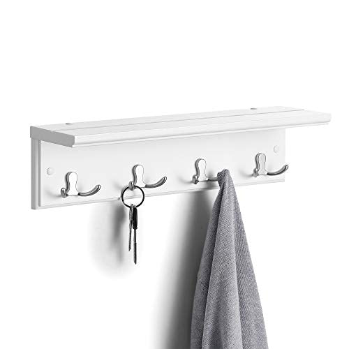 SONGMICS Entryway Hanging Coat Rack, Wall-Mounted Wooden Shelf, with 4 Double Hooks, Wall Floating Shelf, White ULHR42WT - color: White, size: 1 Pack-4 Hooks, style: With Shelf