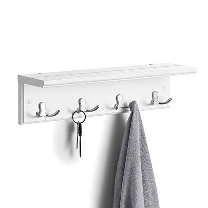 SONGMICS Entryway Hanging Coat Rack, Wall-Mounted Wooden Shelf, with 4 Double Hooks, Wall Floating Shelf, White ULHR42WT - color: White, size: 1 Pack-4 Hooks, style: With Shelf