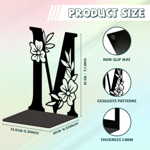 5.3"x4.3"x7.1" Metal Bookends, Heavy Duty Book Ends for Shelves | Letter M with Flowers Theme Cast Iron Book Supports, 1 Pair Decor Stoppers for Desk, Library, Office & Home Shelves - style: Letter M with Flower