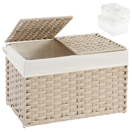SETVSON Storage Basket with Lid, PE Rattan Storage Bin Light Khaki | Decorative PE Rattan Furniture Look for Bedroom, 2 Separate Lids, 2 Liners with Divider for Apparel & Essentials - color: Light Khaki, size: 65L-22L*13W*13.8H