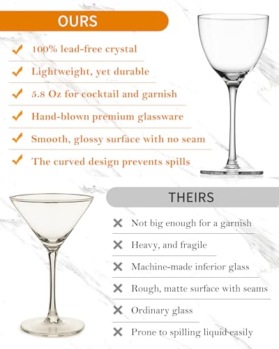 GIHOP Nick and Nora Cocktail Glasses, Small Coupe Martini Glasses Set of 4 | 5.8Oz Hand Blown,100% Lead-Free Crystal Coupe Glassware, Cocktail Glasses for Manhattan, Cosmopolitan, Espresso with Gift Box - size: Nick and Nora Cocktail Glasses 4