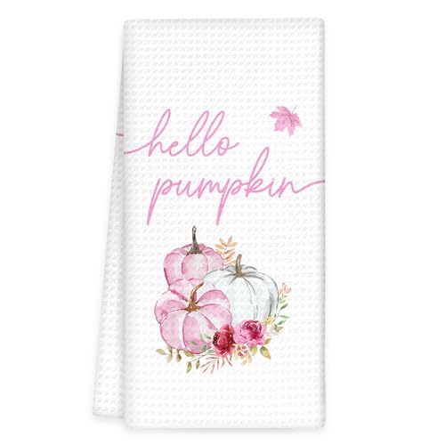 Fall Pink Pumpkin Kitchen Towels, Fall Pumpkins Hand Towels, Pink Hello Pumpkin Dish Tea Towel for Kitchen Decorative, Autumn Pumpkins Thanksgiving Gifts Bathroom Kitchens Decor, 16x24In - color: Hello Pumpkin
