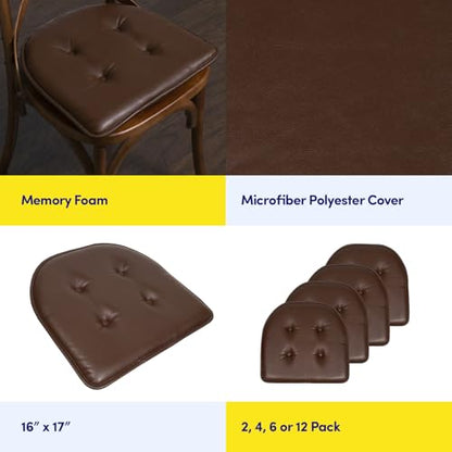 Sweet Home Collection Chair Cushion Memory Foam Pads Tufted Slip Non Skid Rubber Back U-Shaped 17" x 16" Seat Cover, 2 Count (Pack of 1), Faux Leather Chocolate Brown - color: Faux Leather Chocolate Brown, size: 2 Pack, style: Foam Pads