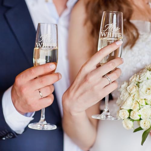 Set of 2 Personalized Champagne Flutes, Custom Engraved Toasting Glasses for Wedding, Anniversary, Bride & Groom, Couples, Laser Etched Elegant Flute Glasses for Celebrations & Gifts