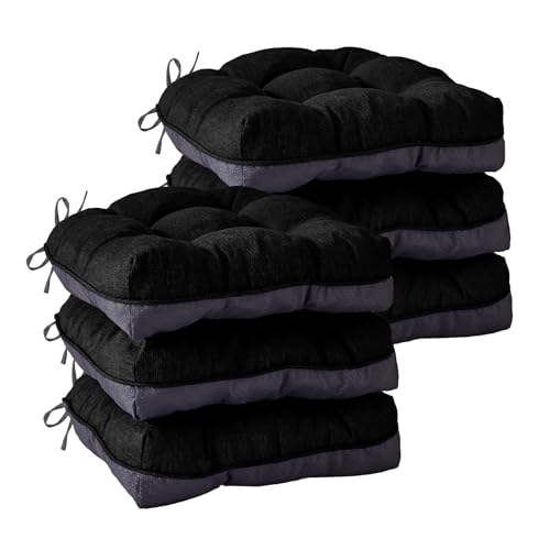 IASEAHK Chair Cushions for Dining Chairs, Seat Cushions for Kitchen Chairs, Indoor Seat Cushions with Ties, Tufted Foam Chair Pads, Non Slip Chair Cushions Set of 6, 15.5" x 15.5" x 4", Black - color: Black, size: Pack of 6