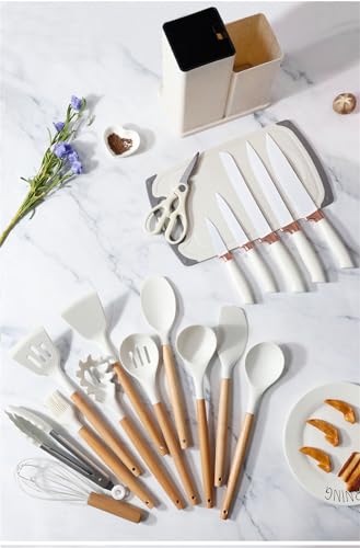 19 Pieces Kitchen Utensils and Knife Set with Block, Inldued 9 Pieces Silicone Cooking Utensils Set 5 Pieces Sharp Stainless Steel Chef Knives Scissors Whisk Tongs and Cutting Board (BEIGE) - color: Beige