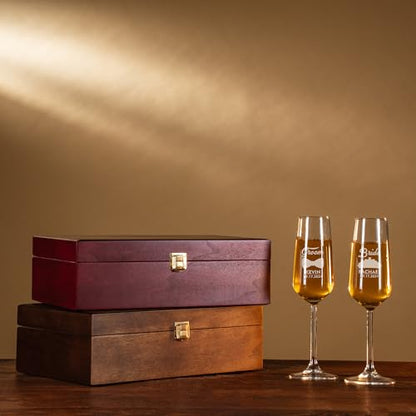 Personalized Champagne Flutes in Wooden Gift Box – Engraved Wedding Champagne Glass Set of 2, Custom Design & Name, Luxury Wedding Gift (Champagne Flutes-Box Set) - color: Champagne Flutes-Box Set