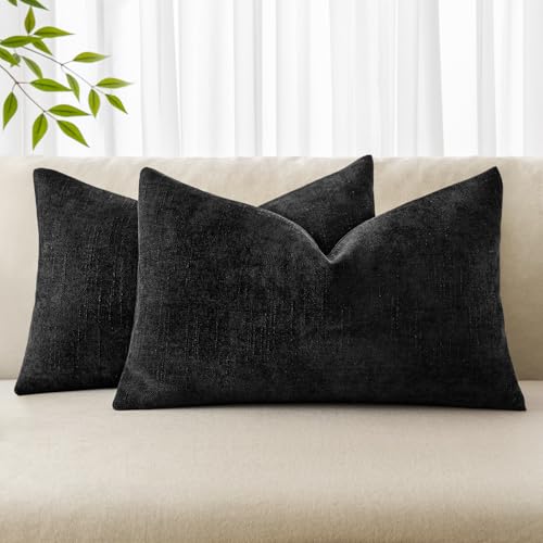 MIULEE 12x20 Inch Lumbar Textured Chenille Throw Pillow Covers Black | Pack of 2 Decorative Soft Throw Pillows, Solid Textured Cushion Covers, Modern Home Decor for Couch Sofa Bedroom Living Room - color: Black, size: 20" x 12" (Pack of 2)