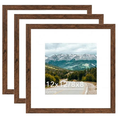 Wood 12x12 Picture Frame with 8x8 Mat, Display 8x8 with Mat or 12x12 Without Mat, Wood 12 by 12 Photo Frame, 12 x 12 Frame for Wall Hanging Display, Deep Brown, 3 Pack - size: 12x12 inch