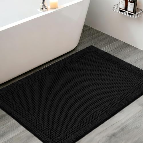 Upgraded Waffle Bath Mat, 32"x20" Black-Bordered, Super Absorbent Non-Slip Quick Dry Bathroom Rugs with Tassels, Machine Washable Ultra Soft Boho Bath Rugs for Floor, Toilet Mats Boho Farmhouse Decor - color: Black, size: 1'8" x 2'8" (Rectangular)