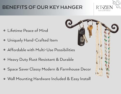 Farmhouse Small Key Holder for Wall, Wrought Iron Wall Mount Rack | Handcrafted Swirl Decorative, 5 Key Hooks for Home Entryway, Purse, Coat and Leash Holder or Organizer (Swirly Black) - style: Swirly