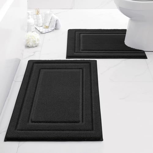 HOMEIDEAS Bathroom Rugs Sets 2 Piece, Super Soft and Absorbent Non Slip Microfiber U-Shaped Toilet Bath Mat Set (20"x32"+U20 x24, Black) - color: Loop- Black, size: 1'8" x 2'8" (20"x32"+U Shape 20"x24")