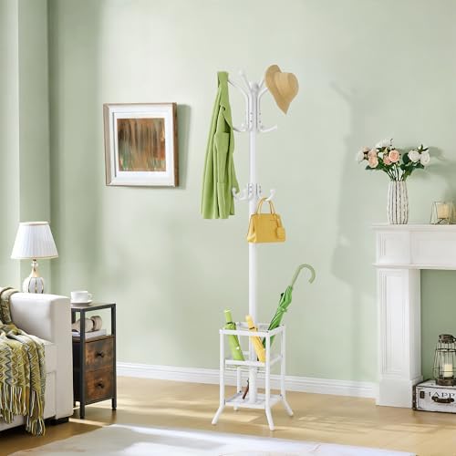 FAVOOSTY Coat Rack Freestanding,Coat Rack Stand with Umbrella Holder,Metal Coat Tree with 12 Hooks,Tree Clothes Hat for Entryway, Hallway, Bedroom, Living Room & Office -White - color: White