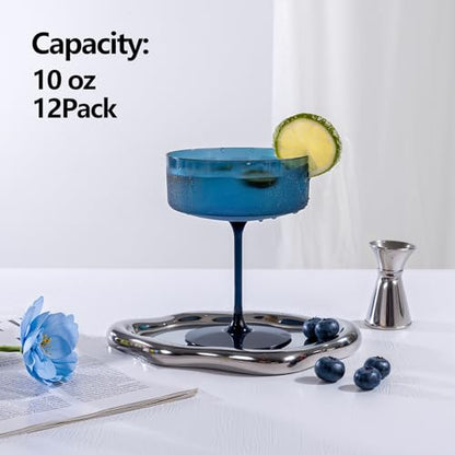 Ciaell 12 Pack Blue Plastic Martini Glasses for Bars Parties | 10 oz Blue Coupe Cocktail Cups, Heavy Duty Plastic, Cocktails Whiskey Margaritas Wine for Weddings Birthdays Anniversaries - color: Basic Blue
