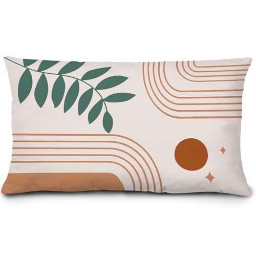 Orange Green Boho Abstract Pillow Cover 12x20 Inches,Tropical Leaf Outdoor Decor for Bedroom Living Rooms,Mid Century Abstract Art Farmhouse Lumbar Cushion Cover for Couch Bed - color: Orange Boho Green Tropical Plants, size: 20" x 12" (Pack of 1)