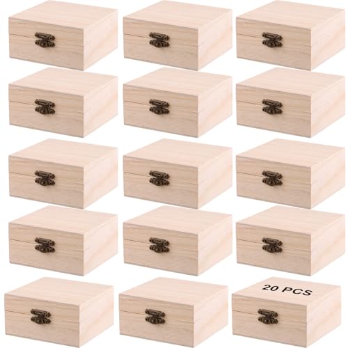 FUNSUEI 20 PCS 3.94 x 3.94 x 1.97 Inch Unfinished Wooden Box, 10x10x5cm Square Small Wood Box with Hinged Lid, Natural Small Wooden Jewelry Boxes for Crafts, DIY, Storage Treasure, Homade Gift - color: Wood Color, size: 20PCS 3.94x 3.94 x1.97 In