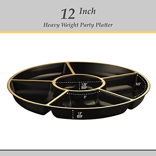 Plasticpro 6 Sectional Round Plastic Serving Tray/Platters Black & Gold Pack of 4 - color: Black & Gold