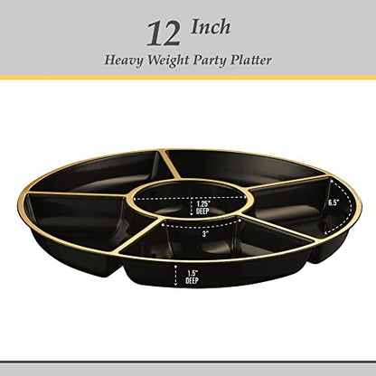 Plasticpro 6 Sectional Round Plastic Serving Tray/Platters Black & Gold Pack of 4 - color: Black & Gold