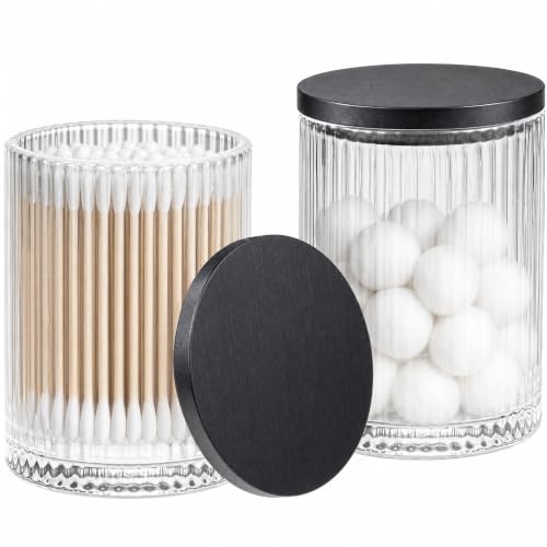 SheeChung 2 Pack Glass Apothecary Jar with Black Bamboo Lid | 8.5oz Qtip Holder, Bathroom Vanity Storage Organizer Set for Cotton Swabs, Pads, Floss Picks, Containers for Makeup Storage - color: Black Bamboo