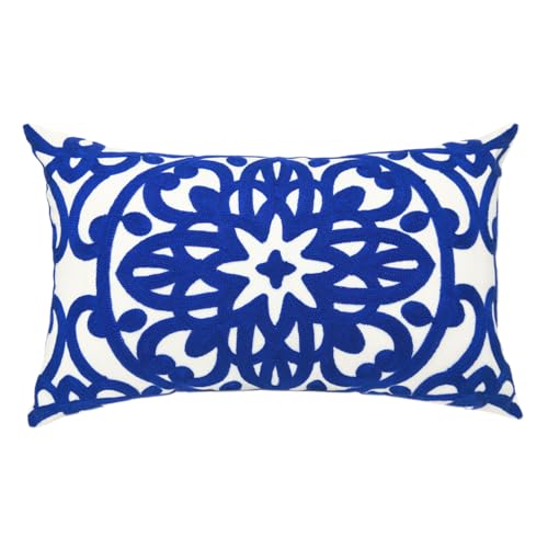 Alysheer Embroidered Lumbar Decorative Throw Pillow Cover 12"x 20", Classic Boho Mandala Embroidery Pattern Cotton Rectangular Cushion Case for Sofa Couch Living Room Bedroom (Royal Blue) - color: Royal Blue, size: 20" x 12" (Pack of 1)