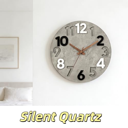 12-inch Silent Wall Clock, Concrete Gray | 3D Raised Numerals, Wooden Dial, Model: M-8846 - color: Concrete Gray