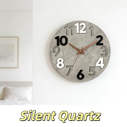 12-inch Silent Wall Clock, Concrete Gray | 3D Raised Numerals, Wooden Dial, Model: M-8846 - color: Concrete Gray