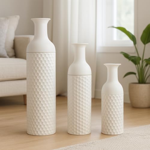 Leewadee Set of 3 Large Floor Vases – Decorative Tall Metal Vases in White (27/20/16 inches) – Elegant Home Decor for Stylish Interiors - color: White