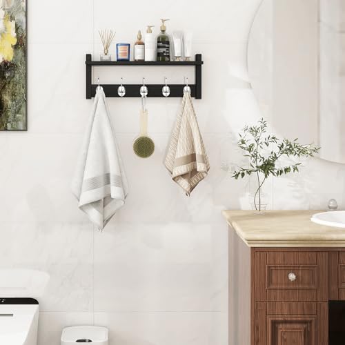 Wall Coat Rack With Shelf, Wood Entryway Hanger With Hooks, Small Floating Pegs for Hanging Coats, Hats, Purses, Backpacks, Black - color: Black, size: 17.1 Inch Long