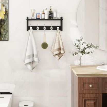 Wall Coat Rack With Shelf, Wood Entryway Hanger With Hooks, Small Floating Pegs for Hanging Coats, Hats, Purses, Backpacks, Black - color: Black, size: 17.1 Inch Long
