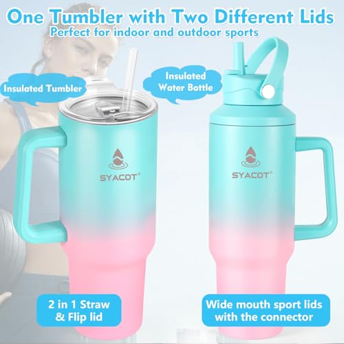 40 oz Tumbler with Handle and Straw or Convert to 40 oz Insulated Water Bottle Fits in Cup Holder. Stainless Steel Metal Water Flask with 2 Lids for Travel,Camping,Gym Sports Coffee Mug Thermal Cup - color: Mint Pink Gradient