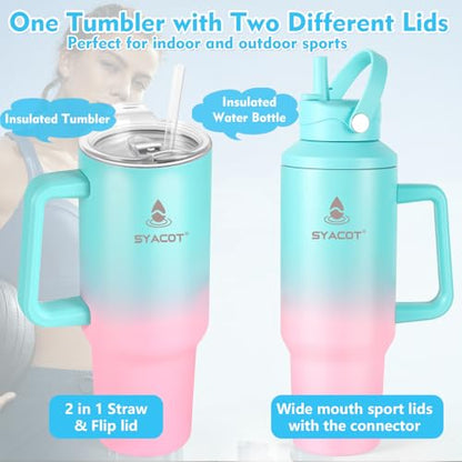 40 oz Tumbler with Handle and Straw or Convert to 40 oz Insulated Water Bottle Fits in Cup Holder. Stainless Steel Metal Water Flask with 2 Lids for Travel,Camping,Gym Sports Coffee Mug Thermal Cup - color: Mint Pink Gradient