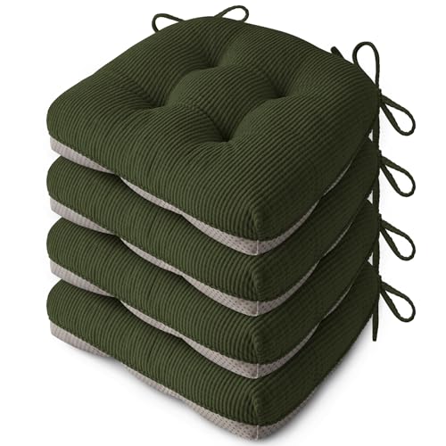 Anti Slip Kitchen Chair Cushions Set of 4 18"X16.5"X3" Dark Green | Elegant Breathable Textured Fabric, with Ties, Tufted, Thick Polyester Filling, for Dining Chairs, Folding Chairs, Office - color: Dark Green