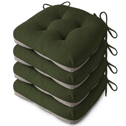 Anti Slip Kitchen Chair Cushions Set of 4 18"X16.5"X3" Dark Green | Elegant Breathable Textured Fabric, with Ties, Tufted, Thick Polyester Filling, for Dining Chairs, Folding Chairs, Office - color: Dark Green