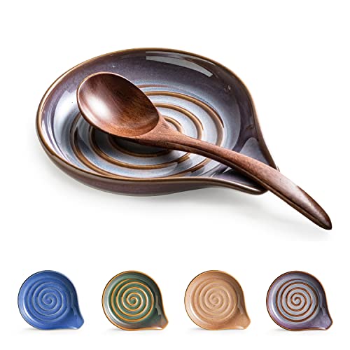 Spoon Rest, Ceramic Spoon Holder with Deep Drip Tray for Stove Top | Cooking Utensil Holder for Counter, with Handle for Easy Hold | Coffee Spoon Rest, Heat-Resistant Dishwasher Safe, Purple - color: Purple
