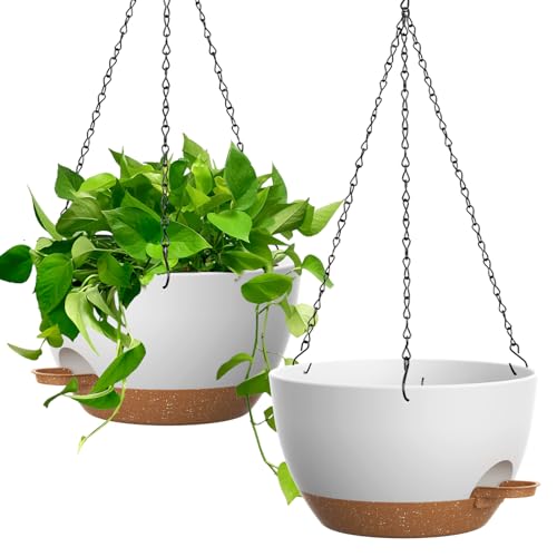 UOUZ 13 Inch 2 Pack Large Self Watering Hanging Planters for Indoor Outdoor Plants, Hanging Plant Pots with Removable 50 Oz Reservoir, Plastic Hanging Basket for Window Porch Garden, White with Brown - color: White With Brown