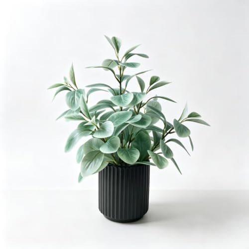 Artificial Eucalyptus Plant in Black Ribbed Pot 16 Inch Faux Indoor Potted Plant Realistic Greenery Tabletop Plant Modern Home Office Desk Decor - color: Eucalyptus (White)