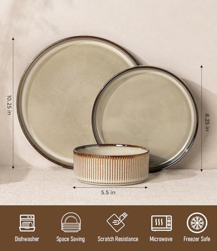 GBHOME Stoneware Dinnerware Sets for 4, 12 Pieces Plates and Bowls Set | Lightweight Ceramic Ribbed Dishes, Reactive Glaze Stackable Plate Set, Scratch Resistant, Microwave & Dishwasher Safe - color: Driftwood Taupe