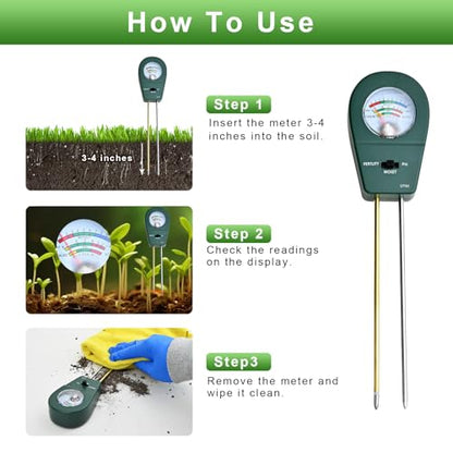 Powboro 3-in-1 Soil Tester Kit – Moisture/pH/Fertility Meter for Garden, Lawn, Potted Plants No Battery Needed Indoor/Outdoor Soil Test Kit