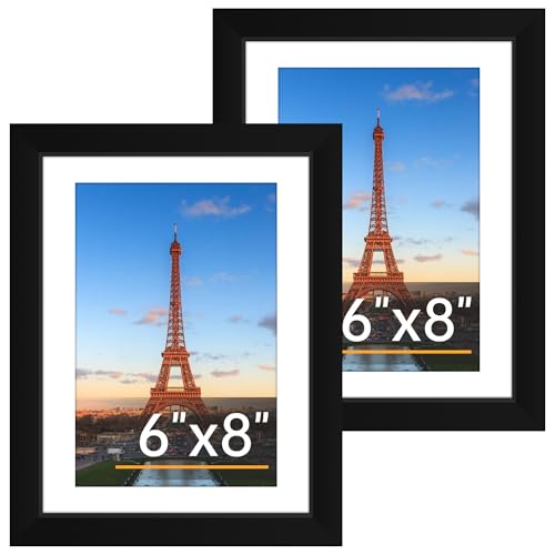 6x8 Picture Frame Set of 2, Photo Frame with HD Plexiglass, Display Pictures 5x7 with Mat or 6x8 Without Mat Multi Picture Frames Collage for Tabletop or Wall Display, Black - color: Black, size: 6"×8"