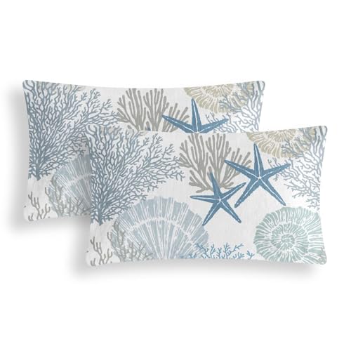 Coastal Lumbar Pillow Covers Set of 2, 12x20, Blue | Soft Velvet Touch, Beach Nautical Starfish Ocean Themed, Decorative Pillow Cases for Bedroom Living Room Sofa - size: 20" x 12" (Pack of 2)