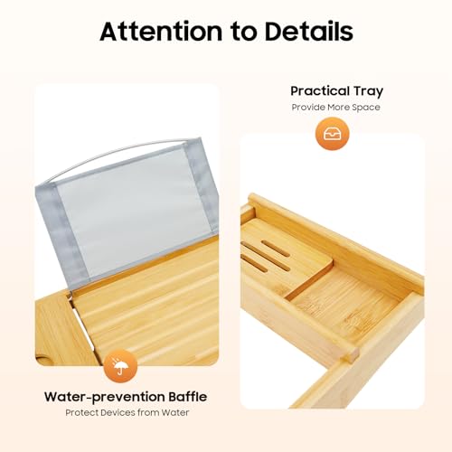 Bamboo Shelf, Expandable Bamboo Bathtub Tray with Wine Glass Holder & Tablet Stand, Adjustable 29.5-42.9 Inch Bath Caddy for Spa Relaxation, Home & Mothers Day & Birthday Gifts for Mom
