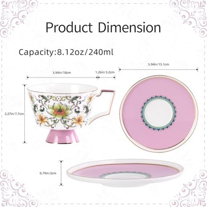 KAMMAK Ceramic Coffee Cups Saucers Set of 2, Porcelain Espresso Cups with Saucers, 8.12 oz Handcrafted Elegant Bone China Tea Cups, Lotus Floral Pattern Teacup for Party, Office, Women Gift - color: Ruyi Lotus (Pink + Green)