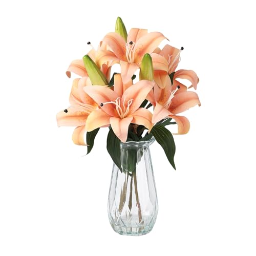 Artificial Lilies Flowers with Glass Vase & Fake Water - Fake Lilies for Home Table, Wedding Party, Office Decor | Realistic lilies flowers, Silk Flowers for Vase Arrangement - color: Tiger Lily ,Champagne